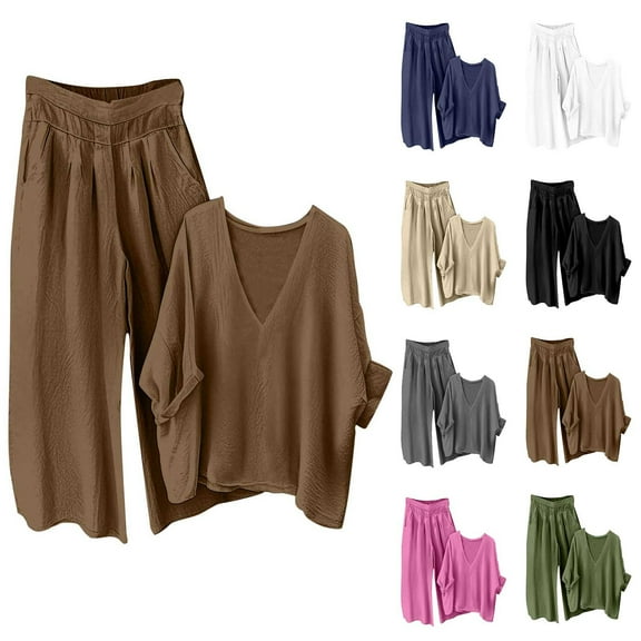 2 Piece Sets Tracksuit for Women Casual Summer Travel Vacation Outfits Short Sleeve Sweatsuits Matching Wide Leg Crop Pants Tracksuits Lounge Sets Brown XXL