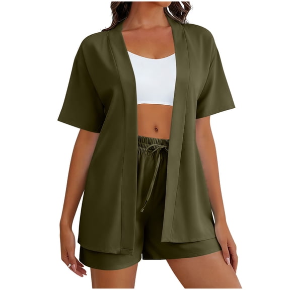 2 Piece Sets for Women Beach Vacation Outfits Short Sleeve Cardigan & Pocked Shorts with Drawstring Lightweight Casual Matching Sets Solid Summer Beachwear 2026 Swimsuit Cover-Up Green L