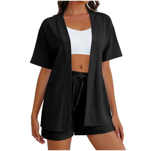 2 Piece Sets for Women Beach Vacation Outfits Short Sleeve Cardigan & Pocked Shorts with Drawstring Lightweight Casual Matching Sets Solid Summer Beachwear 2026 Swimsuit Cover-Up Black L