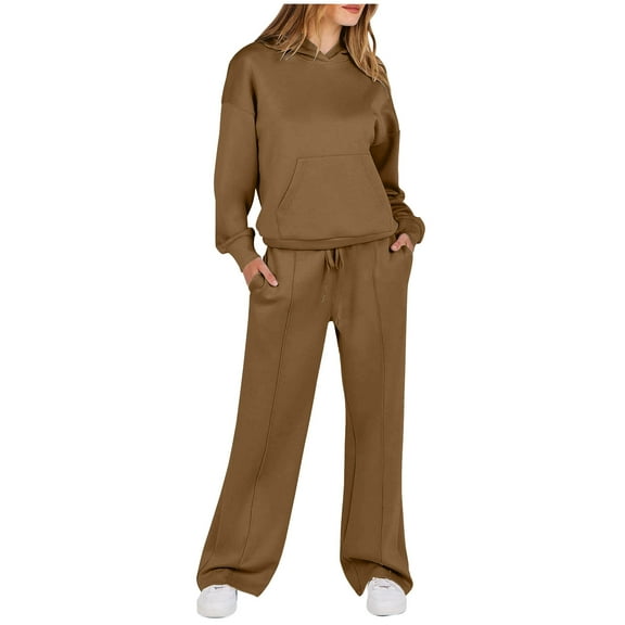 2 Piece Sets for Women Casual Plus Size Two Piece Lounge Sets Fall Women Solid Color Long Sleeved Hoodie With Hat wide Leg Straight Leg Pants Long Sleeved Hooded Set