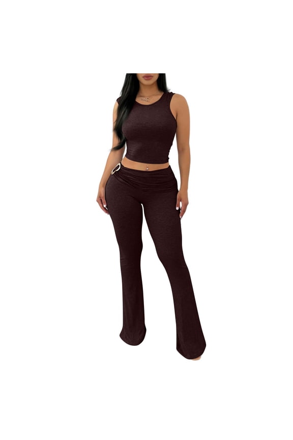 2 Piece Sets Women Casual Vacation Outfits Tank Top and Leggings Matching Set No Front Seam Flare Yoga Pants Set 2026 Brown M