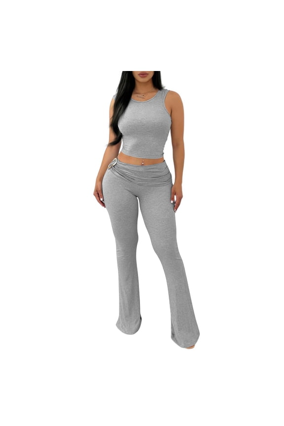 2 Piece Sets Women Casual Vacation Outfits Tank Top and Leggings Matching Set No Front Seam Flare Yoga Pants Set 2026 Gray XL