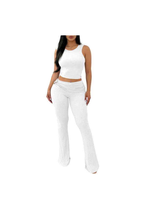 2 Piece Sets Women Casual Vacation Outfits Tank Top and Leggings Matching Set No Front Seam Flare Yoga Pants Set 2026 White S