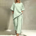thumbnail image 1 of 2 Piece Sets for Women Cotton Casual Fashionable Lounge Sets Round Neck Solid Color Five Quarter Sleeved Tops and Pants Set Summer Casual Outfits Wide Leg Pants Set, 1 of 6