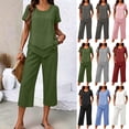 thumbnail image 1 of 2 Piece Sets for Women Cotton Linen Casual Outfit Comfortable Solid Color Crew Neck Short Sleeve Tops and Elastic Waist Pocket Pants Lounge Sets Summer Outfits, 1 of 7