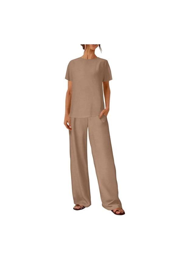 2 Piece Sets for Women Cotton Linen Short Sleeve Pullover Tops and Wide Leg Pants Travel Lounge Matching Set with Pockets Summer Vacation Outfits Lounge Wear Sets Tracksuit
