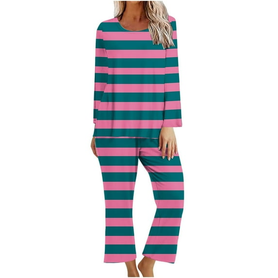 2 Piece Sets For Women Fall Fashion Striped Dress Lounge Travel Outfits Winter Clothing Striped Color Block Crewneck Sweatshirts & Llounge Pants for Women Loose Fit Loungewear Sets