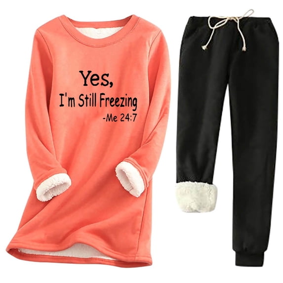 2 Piece Sets for Women Fall Linen Two Piece Lounge Sets Women's Solid Round Neck With Thickened Insulation Long Sleeve Top and Pocket Thickened Pants Set