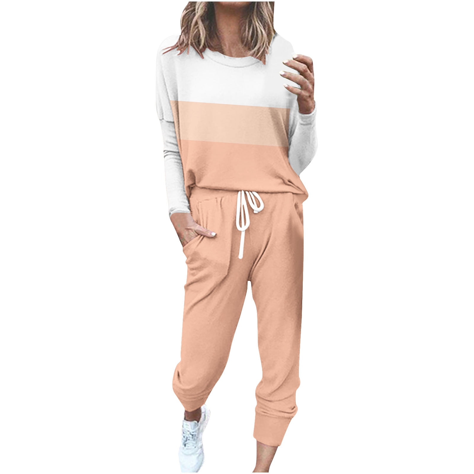 2 Piece Sets for Women Fall Pants Casual Pants Sets Women 2 Piece Outfits Dressy Casual Women'S Round Neck Long Sleeve Top + Pants Color Blocking Home Sports Casual Yoga Suit