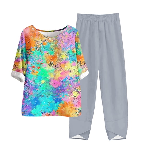 2 Piece Sets for Women Fall Plus Size Linen Pants Set for Women Pink Women's Casual Round Neck 5/4 Sleeve Top And Pants Digital Printing Two-piece Set