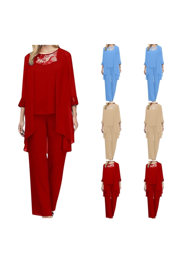 2 Piece Sets for Women Fall Plus Size Solid Color Long Sleeved Round Neck Loose Lace Chiffon Pants Cape Three Piece Set Including Cardigan