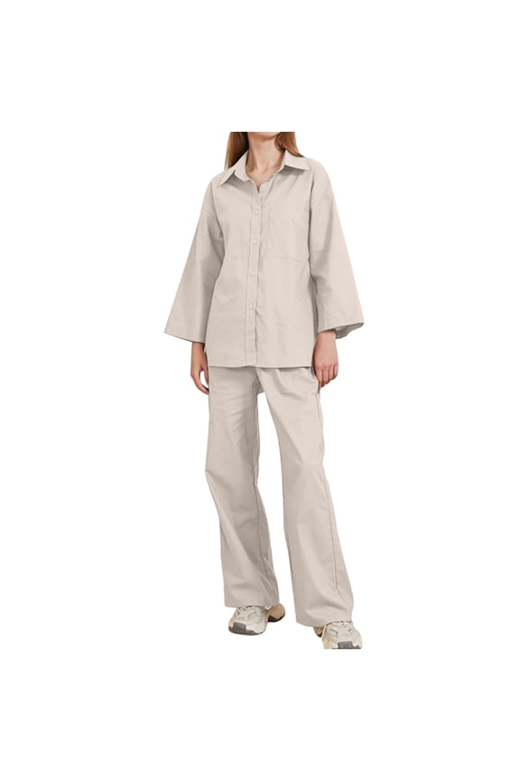 2 Piece Sets for Women Fall Plus Size Solid Color Retro Classic Versatile Casual Long Sleeved Pants Two-piece Set With Long Sleeved V-neck Top/shirt Set