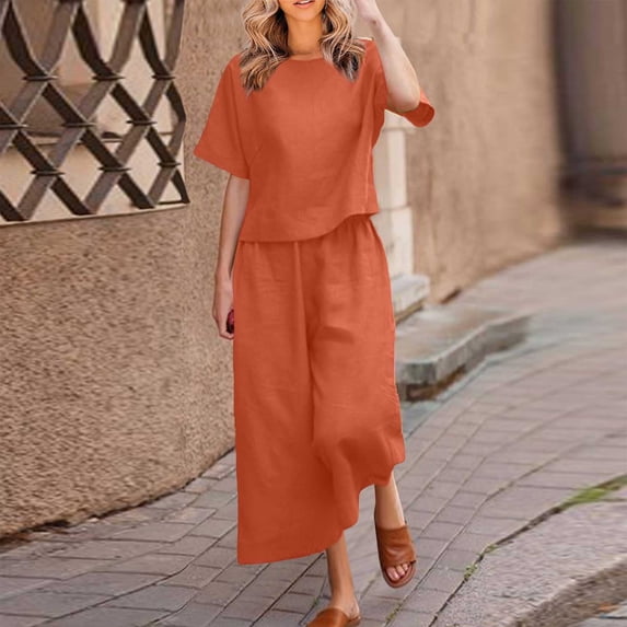 2 Piece Sets For Women Linen Lounge Set Casual Baggy Solid Crew Neck Short Sleeve Tank Tops Wide Leg Pants Outfits Summer Saving Clearance Christmas Gifts