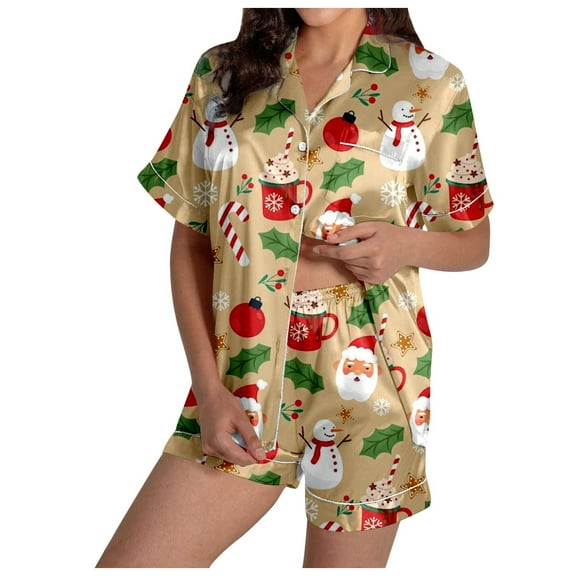 2 Piece Sets for Women â Pajamas for Light Packing and Spa Days Women's Santa Print Short Sleeve Shirt & Shorts Pajama Set Festive Sleepwear Combo