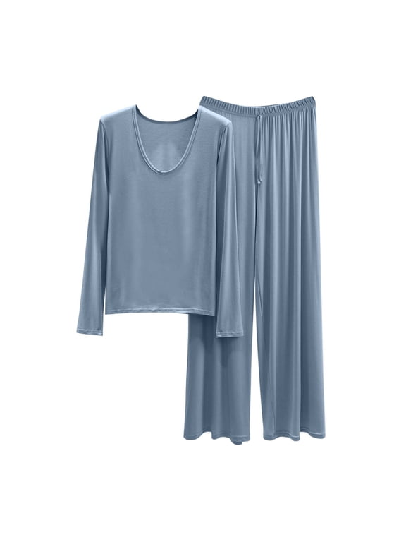 2 Piece Sets for Women Plus Size Casual Shorts Two Piece Pants Outfit Women's Loose Solid Color T-shirt Wide Leg Pants Home Wear Two-piece Long Sleeve U-Neck Shirts Sets