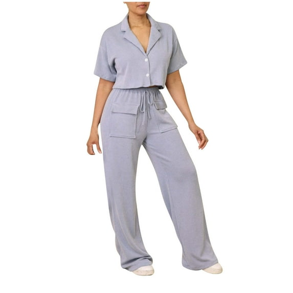 2 Piece Sets for Women Plus Size Two Piece Sets for Women Shorts Denim Ladies Two Piece Lace-Neck Short Sleeve Top Women Wide Leg Solid Color Straight Casual Pants Set