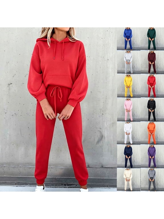 2 Piece Sets for Women Sawvnm Women's Fashion Two Piece Sets for Women - Solid Color Round-Neck Long Sleeve Top and Pants with Elastic Waist