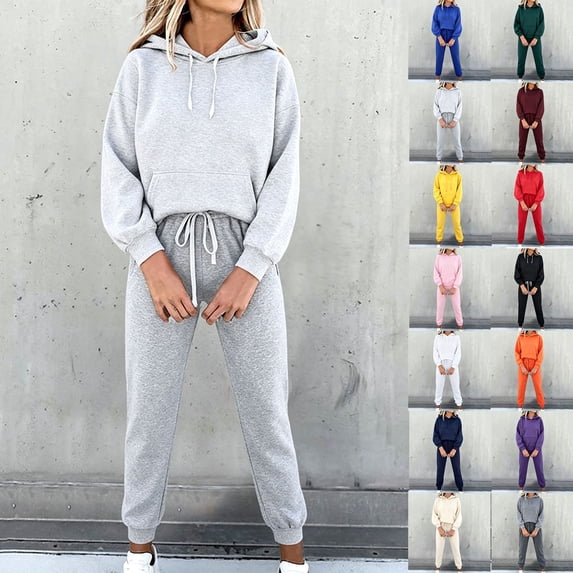 2 Piece Sets for Women Sawvnm Women's Fashion Two Piece Sets for Women - Solid Color Round-Neck Long Sleeve Top and Pants with Elastic Waist