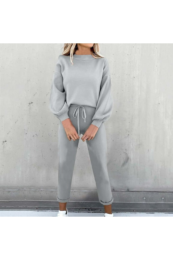 2 Piece Sets for Women Sawvnm Women's Fashion Two Piece Sets for Women - Solid Color Round-Neck Long Sleeve Top and Pants with Elastic Waist