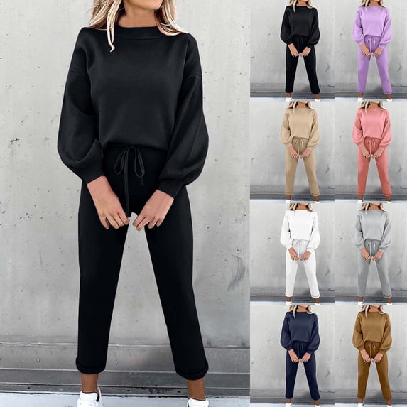2 Piece Sets for Women Sawvnm Women's Fashion Two Piece Sets for Women - Solid Color Round-Neck Long Sleeve Top and Pants with Elastic Waist