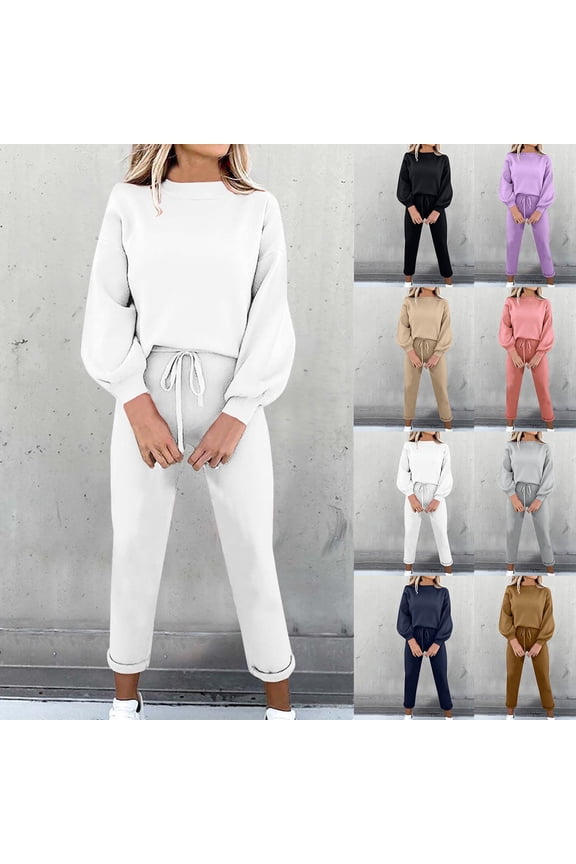 2 Piece Sets for Women Sawvnm Women's Fashion Two Piece Sets for Women - Solid Color Round-Neck Long Sleeve Top and Pants with Elastic Waist