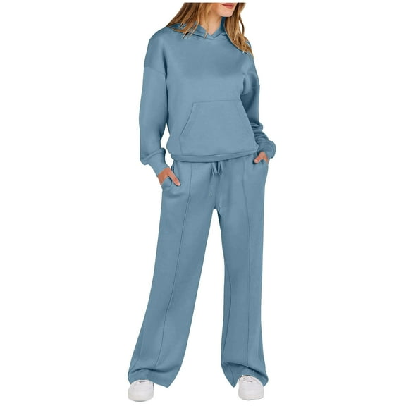 2 Piece Sets for Women Shorts Casual Older Two Piece Sets Women Solid Color Fashionable And Casual Comfortable Long Sleeved Hoodie With Hat+wide Leg Straight Leg Pants Long Sleeved Hooded Set