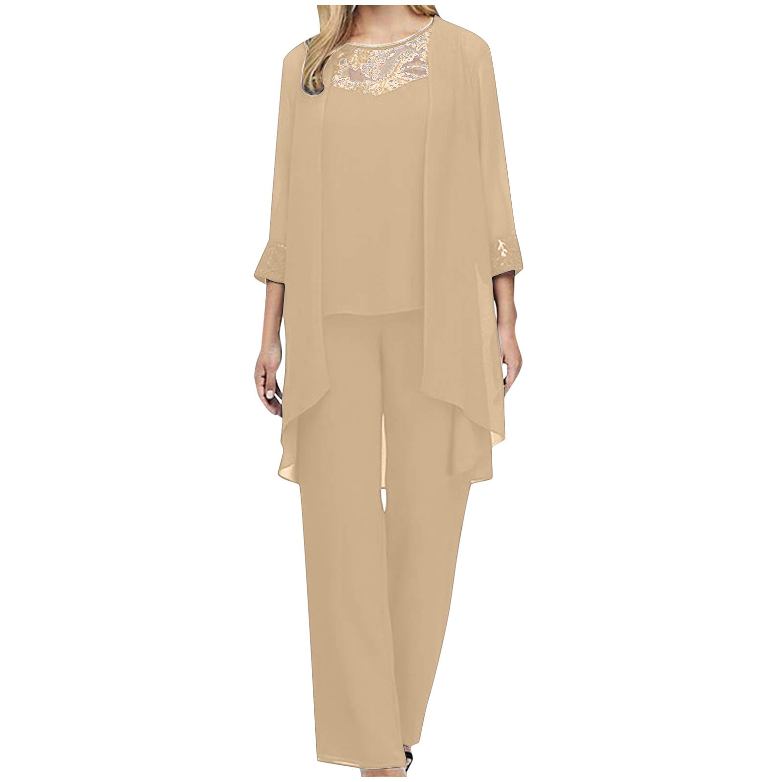 2 Piece Sets for Women Shorts Dressy Plus Size Two Piece Pants Outfits for Women Fall Women's Color Long Sleeved Round Neck Loose Lace Chiffon Pants Cape Three Piece Set Including Cardigan