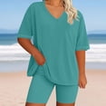 thumbnail image 1 of 2 Piece Sets for Women Solid Color Short Sleeved Button Up Shirt With Drawstring Shorts Sets Loose Fit Casual Wear Summer Vacation Beach Party Outfit Plus Size L-5XL, 1 of 6