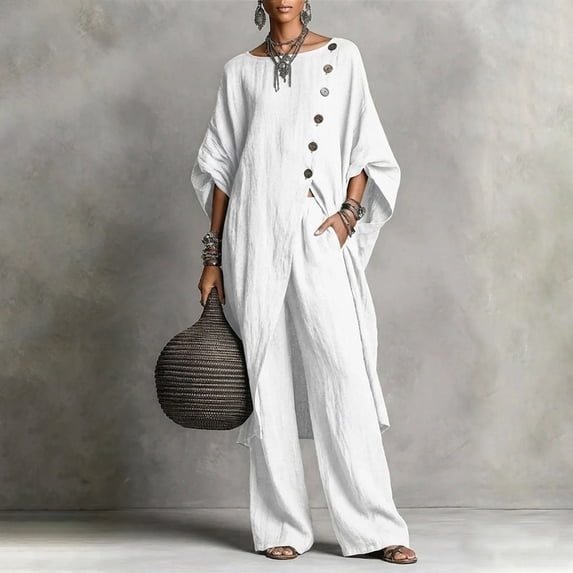 2 Piece Sets for Women Summer 2026 Spring Summer Asymmetrical Collar Blouse Set 3/4 Sleeve Solid Color Breathable Lightweight Loose Fit 2 Piece Casual Outfit for Daily Home Travel White M by Duoif