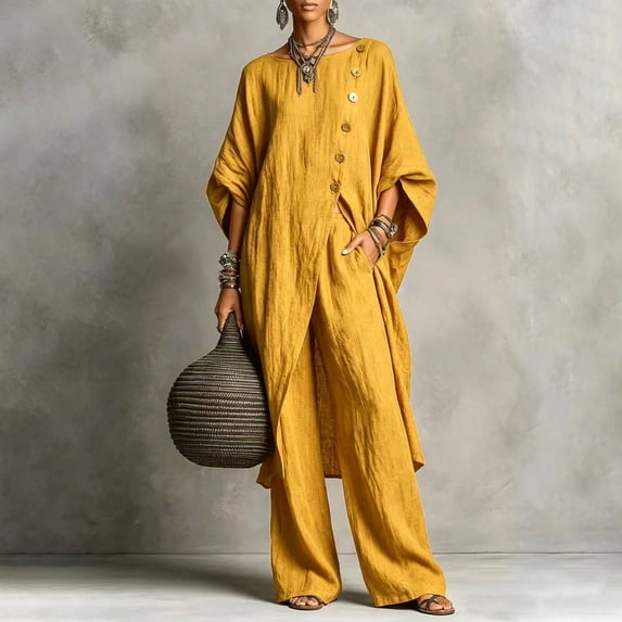 2 Piece Sets for Women Summer 2026 Spring Summer Asymmetrical Collar Blouse Set 3/4 Sleeve Solid Color Breathable Lightweight Loose Fit 2 Piece Casual Outfit for Daily Home Travel Yellow Xxl by Duoif