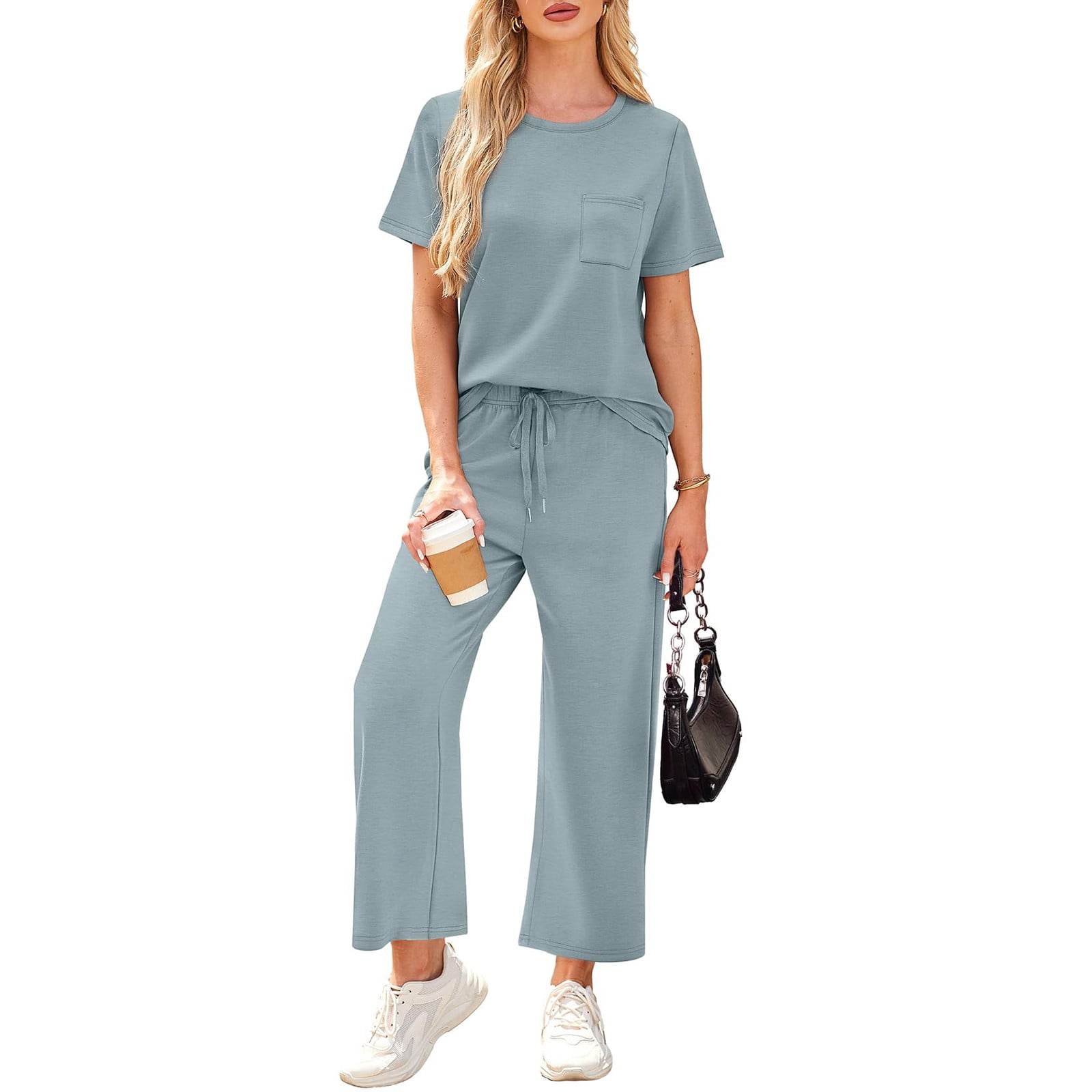 2 Piece Sets for Women Summer Crew Neck Lounge Sets Short Sleeve Summer ...