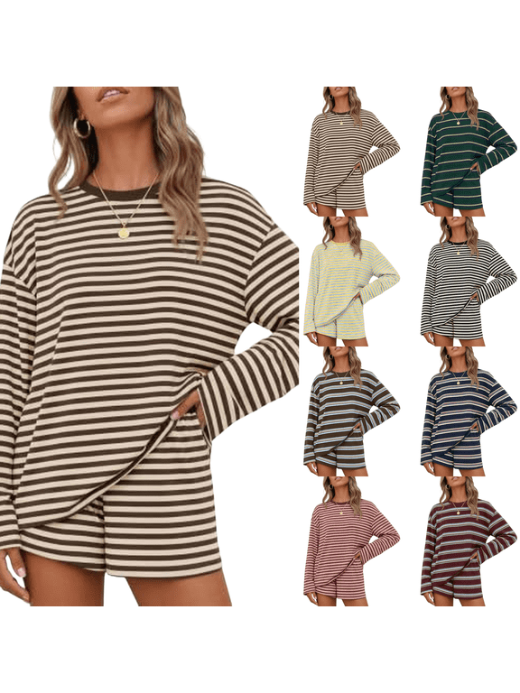 2 Piece Sets for Women Summer Fall Lounge Striped Short Sets Long Sleeve Tops and Oversized Shorts Loose Fit Comfy Matching Sets Cute Pajamas Airport Travel