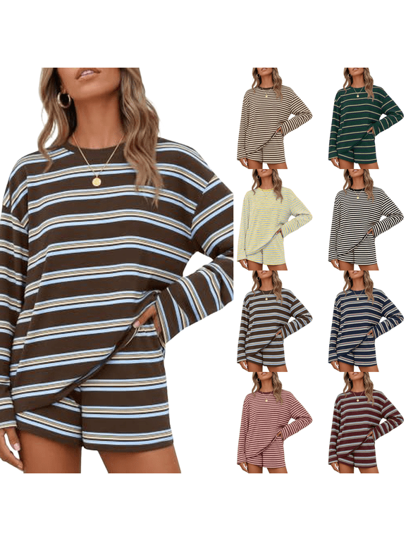2 Piece Sets for Women Summer Fall Lounge Striped Short Sets Long Sleeve Tops and Oversized Shorts Loose Fit Comfy Matching Sets Cute Pajamas Airport Travel