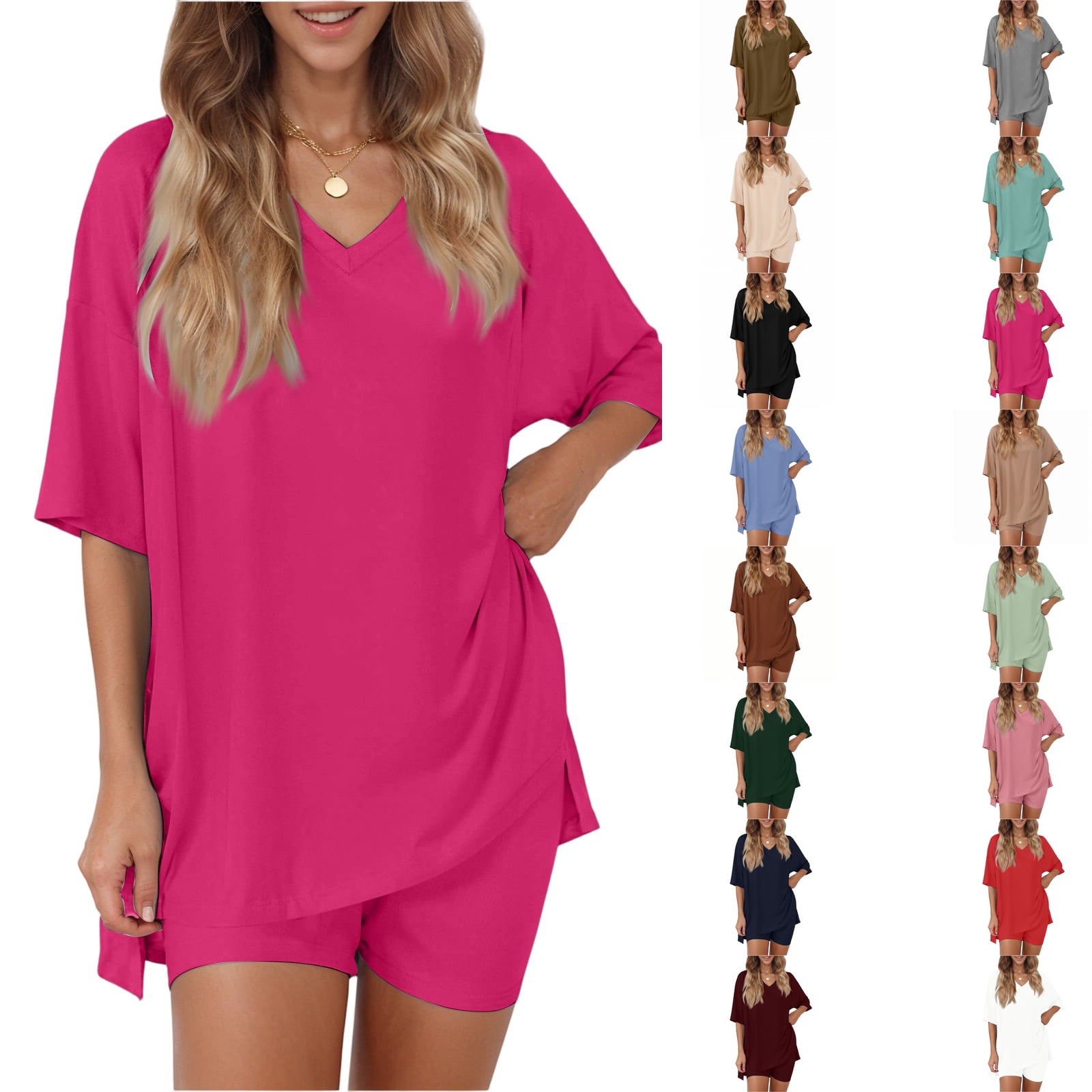 2 Piece Sets for Women Summer Oversized V Neck Short Sleeve Tunic Top ...