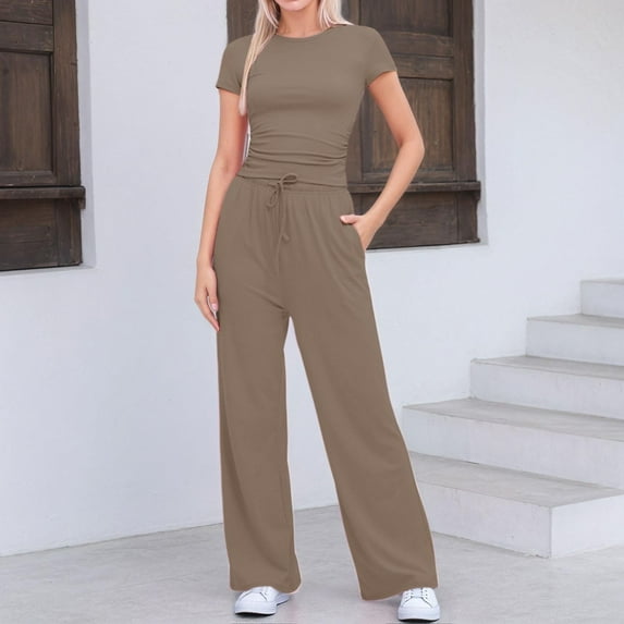 2 Piece Sets For Women Summer Travel Vacation Outfits Workout Ruched Tops Wide Leg Pants Sets Women Suits for Work Women Dress Jackets Dressy Outfit for Women Thermal Overalls Snow Bib Homecoming