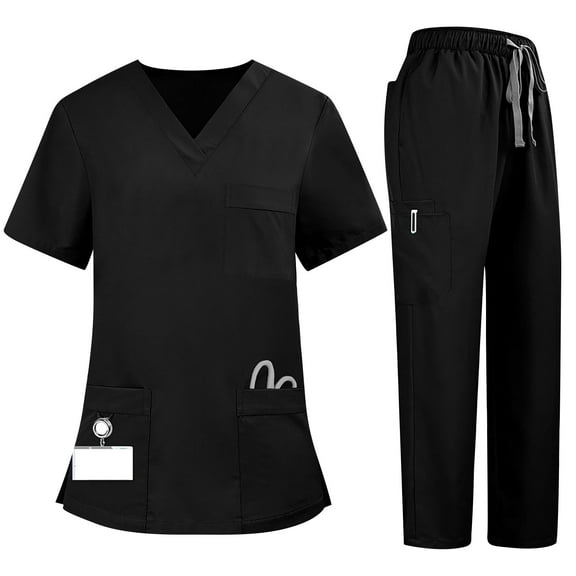 2 Piece Sets For Women Summer, Women's Quick-Dry 2-Piece V-Neck Scrub Uniform Set - Short Sleeve Work Tee & Pants with Pockets, Solid Color, Comfort Fit, Four Seasons Aa Black
