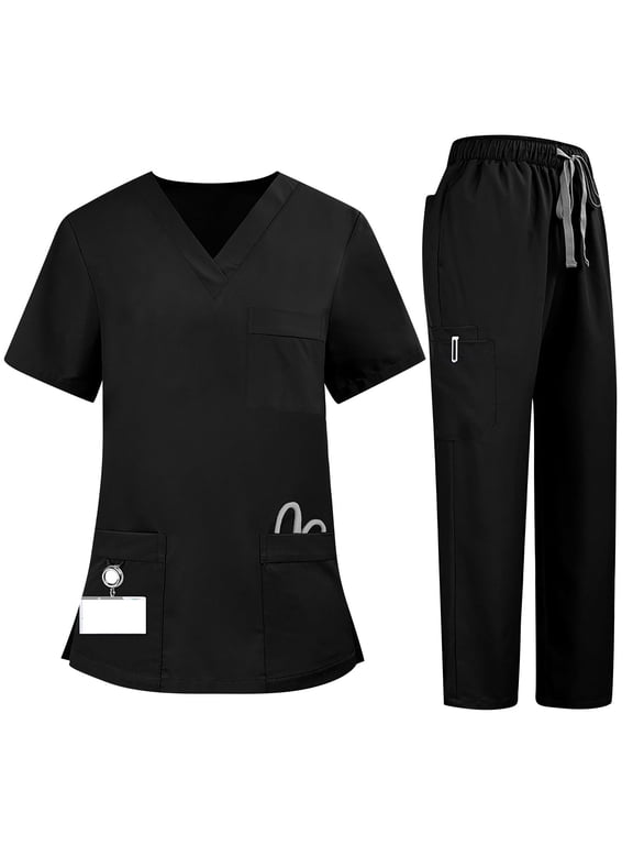2 Piece Sets For Women Summer, Women's Quick-Dry 2-Piece V-Neck Scrub Uniform Set - Short Sleeve Work Tee & Pants with Pockets, Solid Color, Comfort Fit, Four Seasons Aa Black