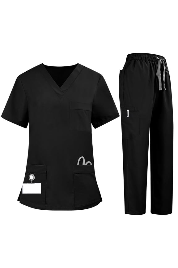 2 Piece Sets For Women Summer, Women's Quick-Dry 2-Piece V-Neck Scrub Uniform Set - Short Sleeve Work Tee & Pants with Pockets, Solid Color, Comfort Fit, Four Seasons Aa Black