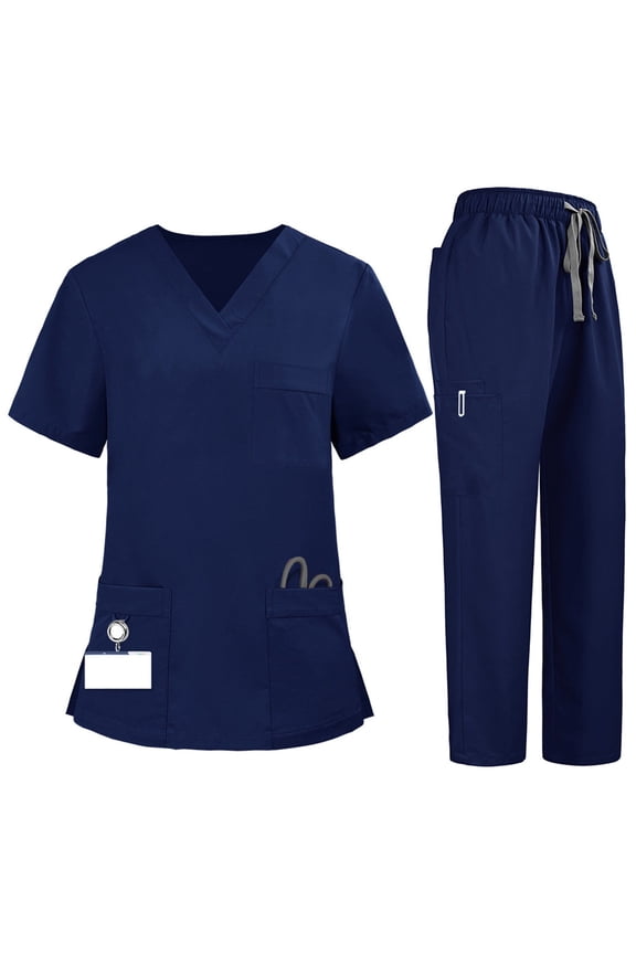 2 Piece Sets For Women Summer, Women's Quick-Dry 2-Piece V-Neck Scrub Uniform Set - Short Sleeve Work Tee & Pants with Pockets, Solid Color, Comfort Fit, Four Seasons Ah Navy