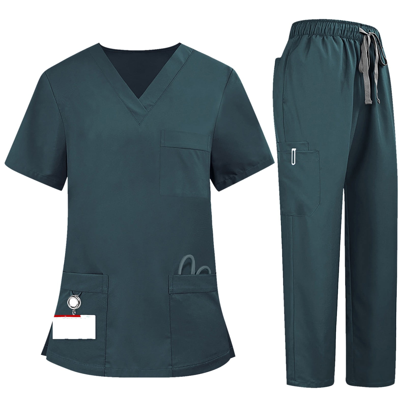 2 Piece Sets For Women, Women's Quick-Dry 2-Piece V-Neck Scrub Uniform Set - Short Sleeve Work Tee & Pants with Pockets, Solid Color, Comfort Fit, Four Seasons Ad Green