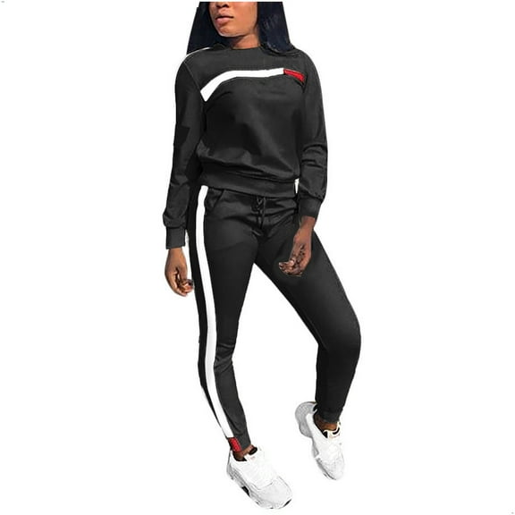 2 Piece Sets Women's Sportswear Sets Loose Round Neck Long Sleeve Top Drawstring Elastic Waist Long Pants (XXL, Black)