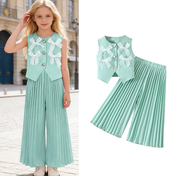 2 Piece Sets for Girls Bow Sleeveless Vest and Wide Leg Pants Set Girls Summer Clothes Teen Girls Clothes 7-8 Years