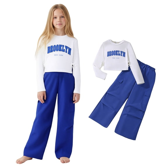 2 Piece Sets for Girls Long Sleeve Letter Print T-Shirt Top and Cargo Pants Set Spring Clothes 8-9 Years Outfits for Girls