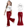 thumbnail image 1 of 2 Piece Sets for Girls Short Sleeve Bow T-Shirt Top and Flared Pants Set Girl Spring Clothes Cute Outfit 11-12 Years, 1 of 5