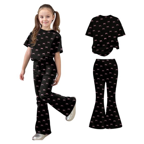 2 Piece Sets for Girls Short Sleeve Bow T-Shirt Top and Flared Pants Set Girls Summer Clothes Cute Clothes for 7-8 Years