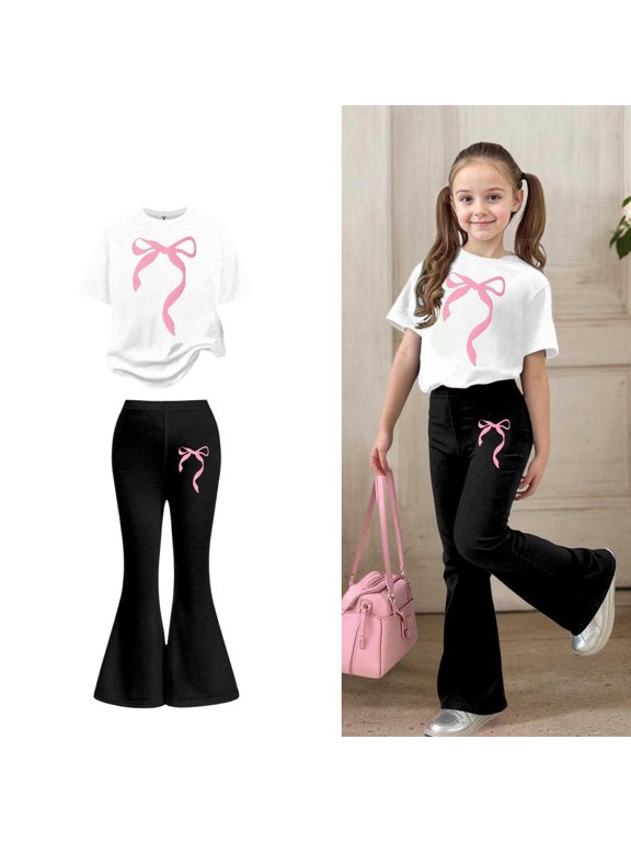 2 Piece Sets for Girls Short Sleeve Bow T-Shirt Top and Flared Pants Set Girls Summer Clothes Girls Size 11-12 Years Outfit Sets