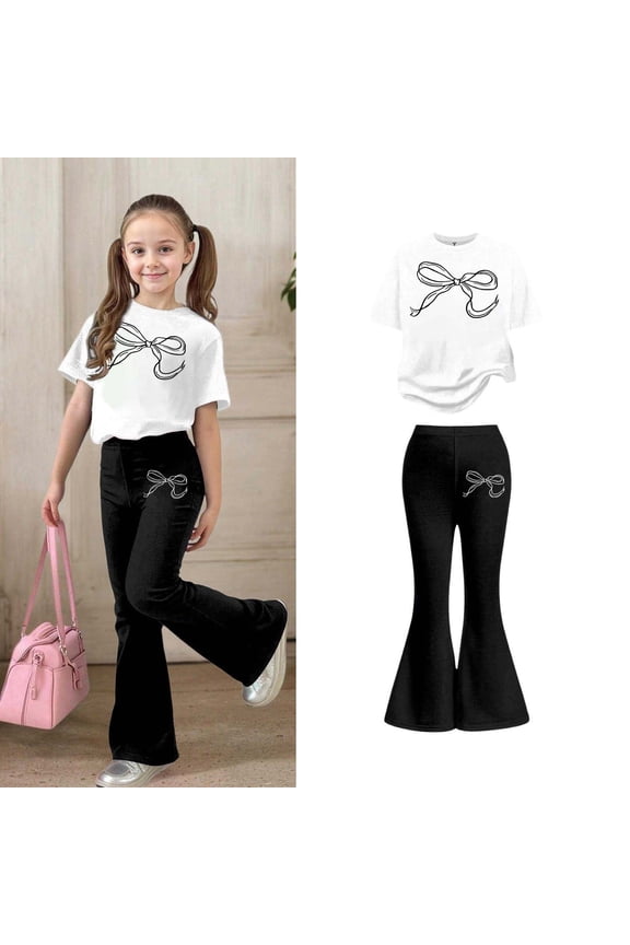 2 Piece Sets for Girls Short Sleeve Bow T-Shirt Top and Flared Pants Sets Girls Spring Outfits Size 5-6 Years Girls Clothes