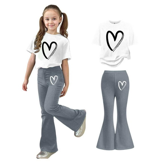 2 Piece Sets for Girls Short Sleeve Heart T-Shirt Top and Flared Pants Sets Girls Spring Clothes Size 9-10 Years Girls Clothes