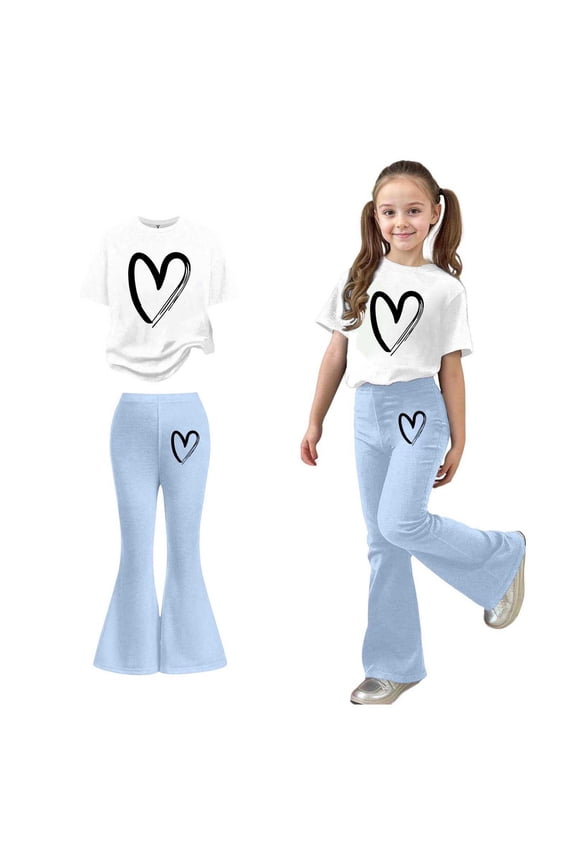 2 Piece Sets for Girls Short Sleeve Heart T-Shirt Top and Flared Pants Sets Summer Clothes Kids Clothes Girls Size 9-10 Years