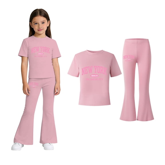 2 Piece Sets for Girls Short Sleeve Letter Print T-Shirt Top and Flared Pants Set Summer Clothes Cute Outfit 8-9 Years